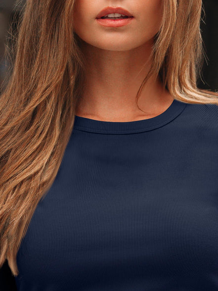 AUTOMET Women's Ribbed Long Sleeve Basic Top - Soft Stretch Crewneck Shirt for Work & Casual Black M