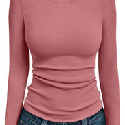 AUTOMET Women's Ribbed Long Sleeve Basic Top - Soft Stretch Crewneck Shirt for Work & Casual Black M