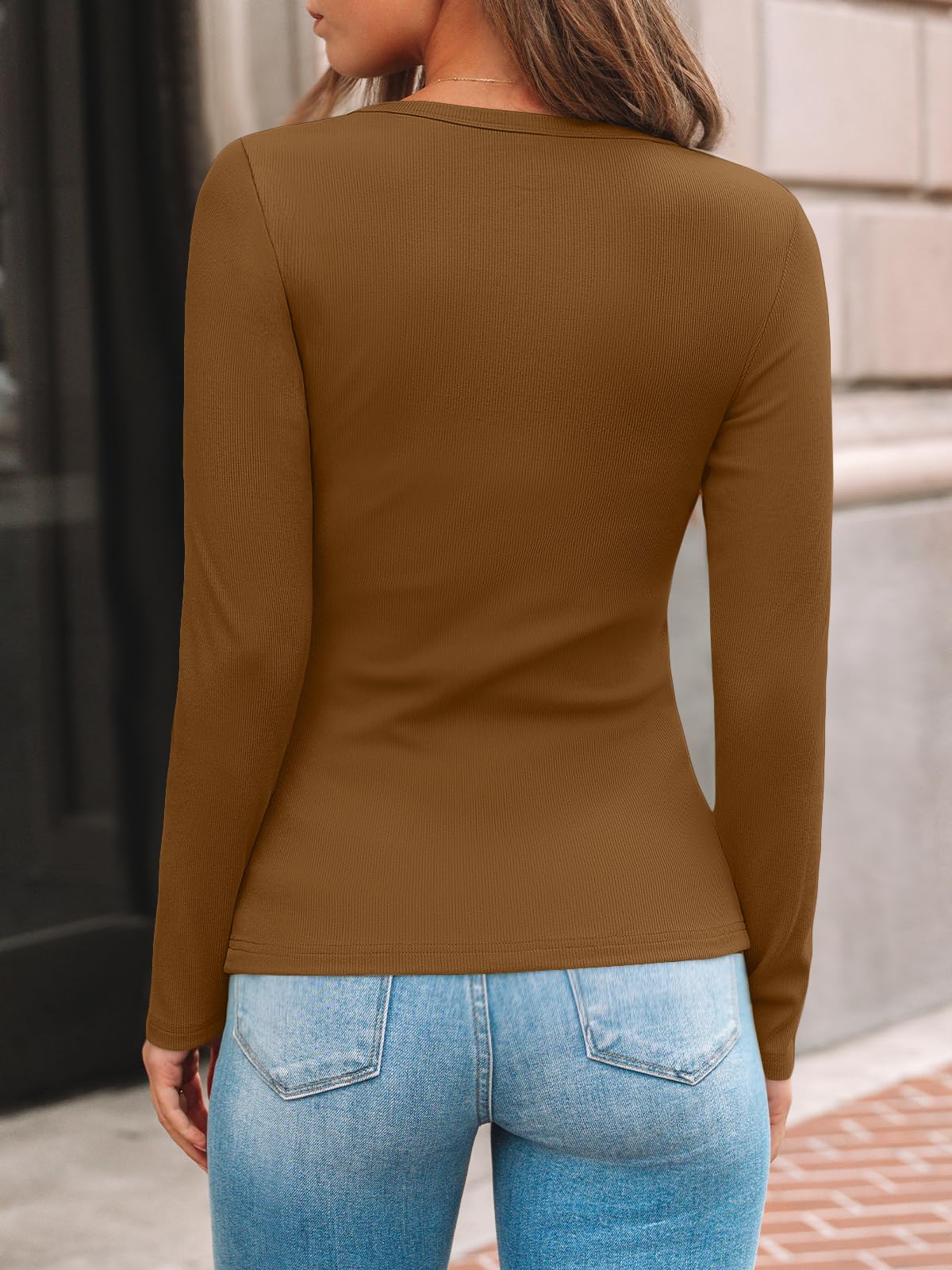 AUTOMET Women's Ribbed Long Sleeve Basic Top - Soft Stretch Crewneck Shirt for Work & Casual Black M