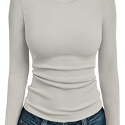 AUTOMET Women's Ribbed Long Sleeve Basic Top - Soft Stretch Crewneck Shirt for Work & Casual Black M