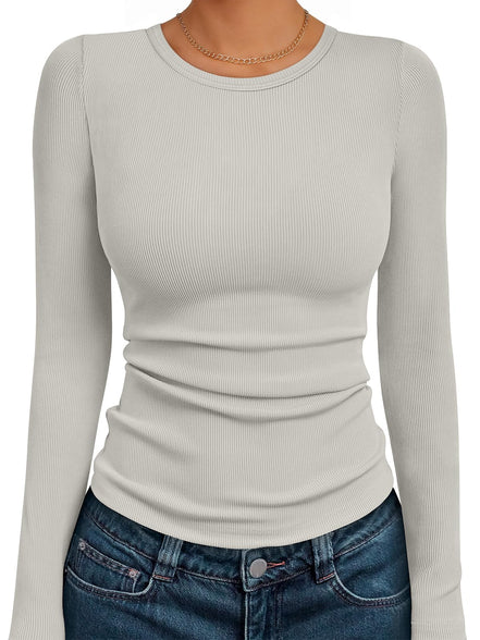 AUTOMET Women's Ribbed Long Sleeve Basic Top - Soft Stretch Crewneck Shirt for Work & Casual Black M