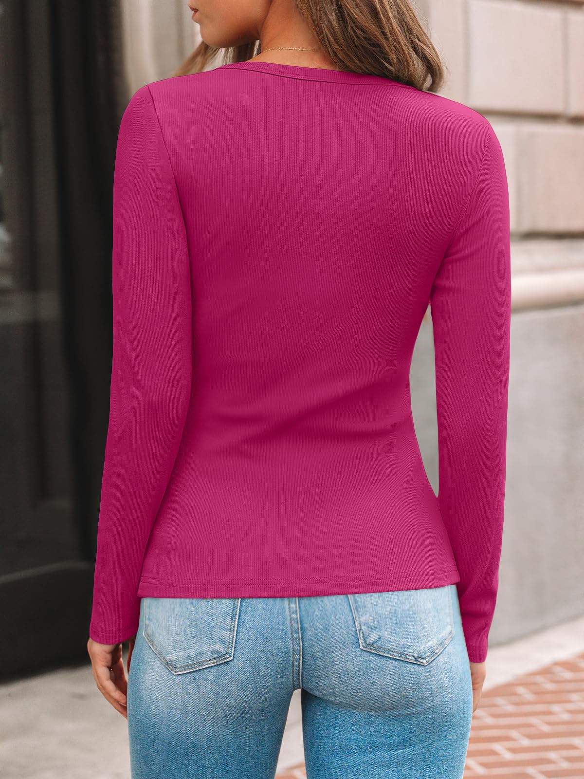 AUTOMET Women's Ribbed Long Sleeve Basic Top - Soft Stretch Crewneck Shirt for Work & Casual Black M