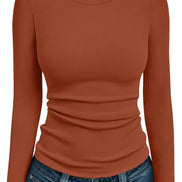 AUTOMET Women's Ribbed Long Sleeve Basic Top - Soft Stretch Crewneck Shirt for Work & Casual Black M