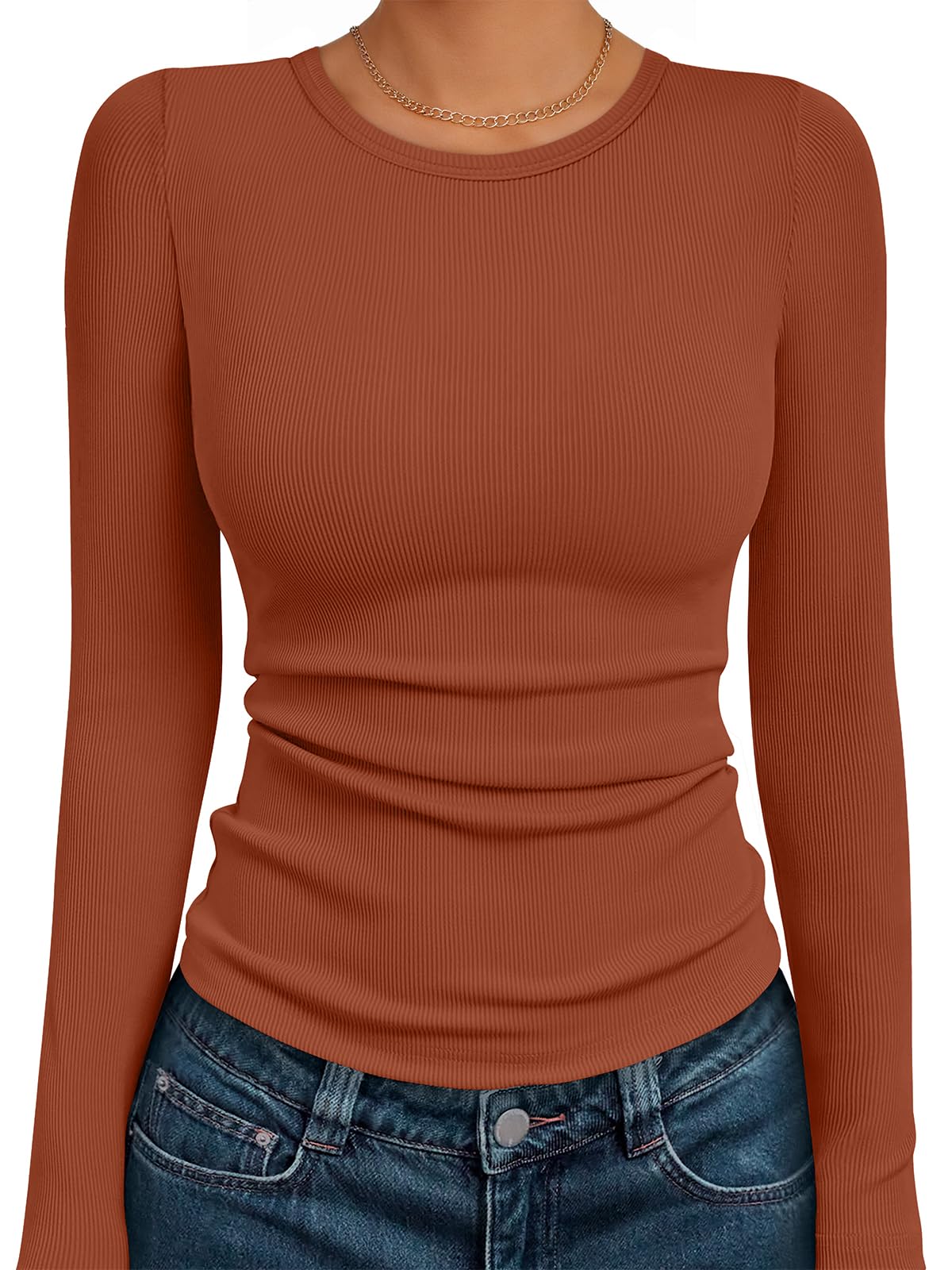 AUTOMET Women's Ribbed Long Sleeve Basic Top - Soft Stretch Crewneck Shirt for Work & Casual Black M