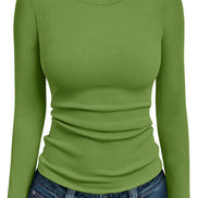 AUTOMET Women's Ribbed Long Sleeve Basic Top - Soft Stretch Crewneck Shirt for Work & Casual Black M