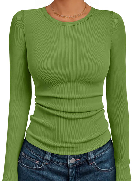 AUTOMET Women's Ribbed Long Sleeve Basic Top - Soft Stretch Crewneck Shirt for Work & Casual Black M