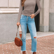 AUTOMET Women's Ribbed Long Sleeve Basic Top - Soft Stretch Crewneck Shirt for Work & Casual Black M