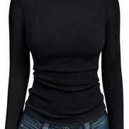AUTOMET Women's Ribbed Long Sleeve Basic Top - Soft Stretch Crewneck Shirt for Work & Casual Black M