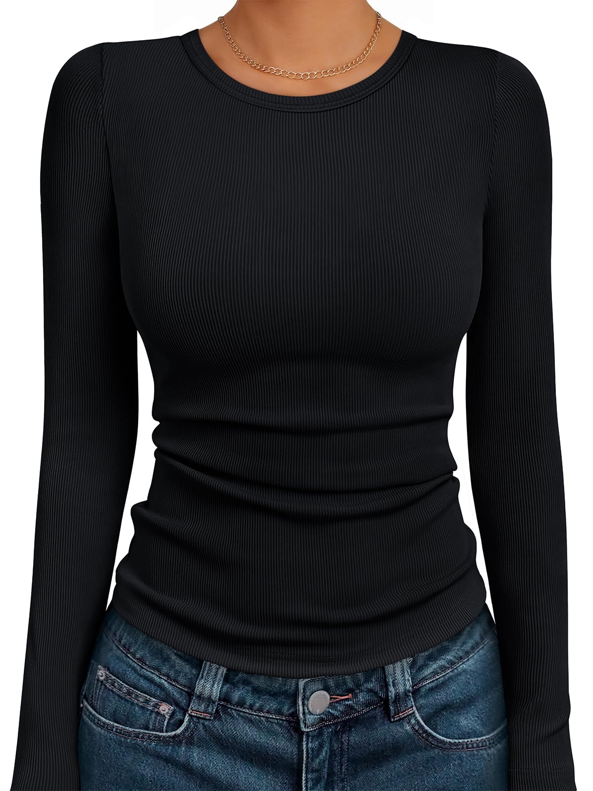 AUTOMET Women's Ribbed Long Sleeve Basic Top - Soft Stretch Crewneck Shirt for Work & Casual Black M