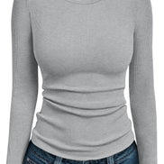 AUTOMET Women's Ribbed Long Sleeve Basic Top - Soft Stretch Crewneck Shirt for Work & Casual Black M