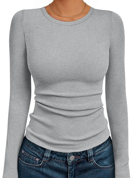 AUTOMET Women's Ribbed Long Sleeve Basic Top - Soft Stretch Crewneck Shirt for Work & Casual Black M