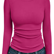 AUTOMET Women's Ribbed Long Sleeve Basic Top - Soft Stretch Crewneck Shirt for Work & Casual Black M