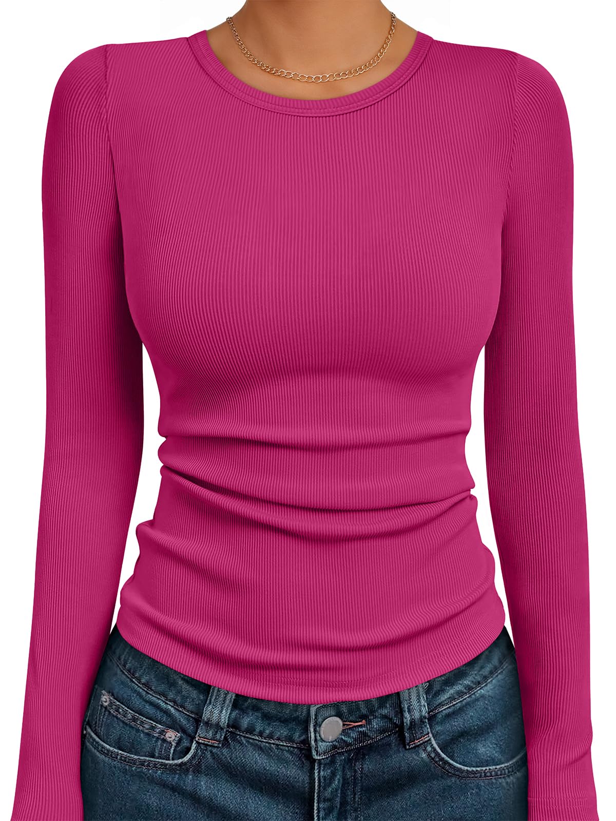 AUTOMET Women's Ribbed Long Sleeve Basic Top - Soft Stretch Crewneck Shirt for Work & Casual Black M