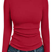 AUTOMET Women's Ribbed Long Sleeve Basic Top - Soft Stretch Crewneck Shirt for Work & Casual Black M