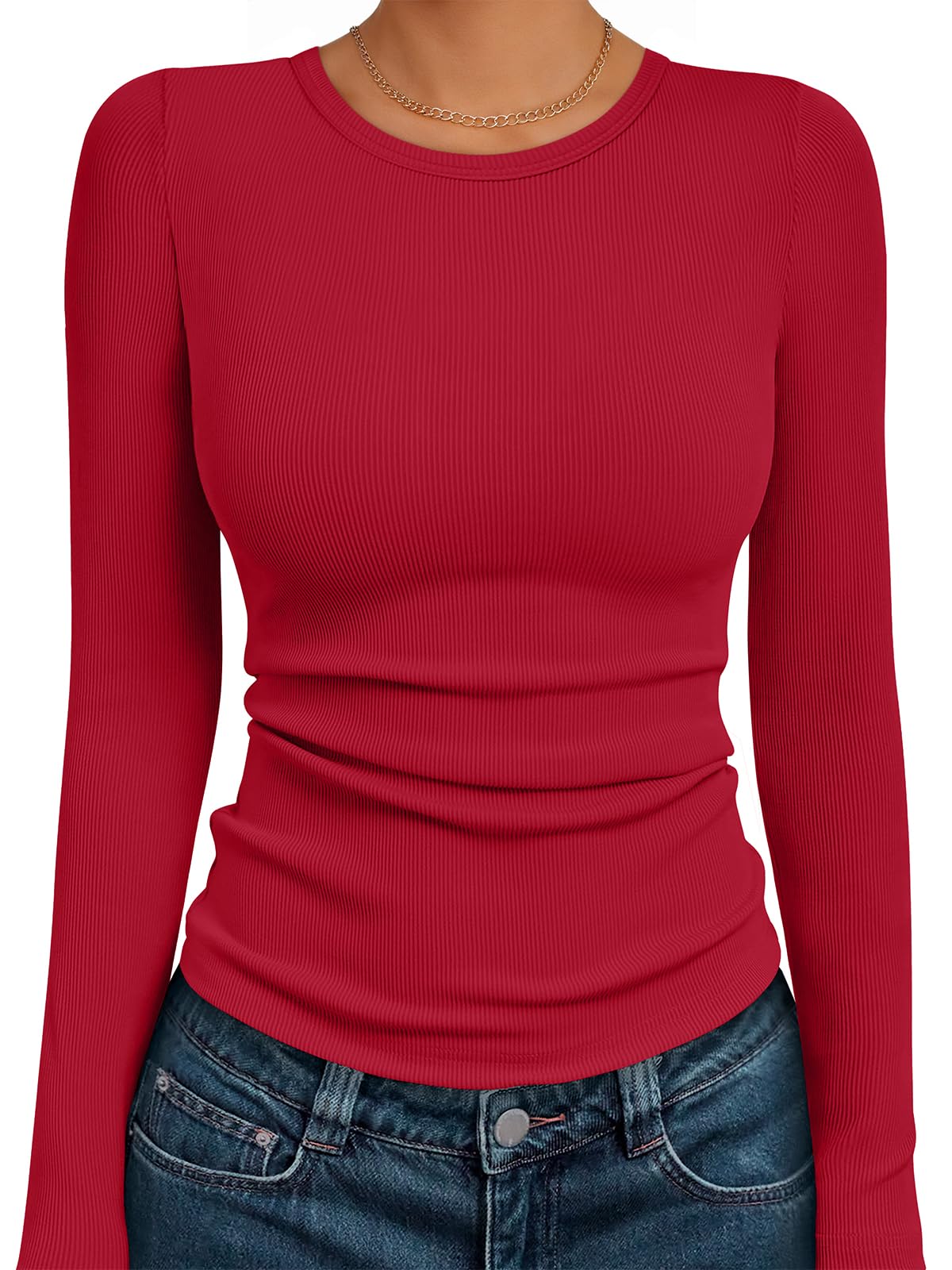 AUTOMET Women's Ribbed Long Sleeve Basic Top - Soft Stretch Crewneck Shirt for Work & Casual Black M