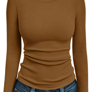 AUTOMET Women's Ribbed Long Sleeve Basic Top - Soft Stretch Crewneck Shirt for Work & Casual Black M