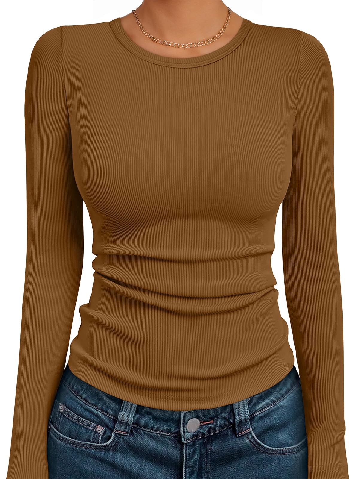 AUTOMET Women's Ribbed Long Sleeve Basic Top - Soft Stretch Crewneck Shirt for Work & Casual Black M