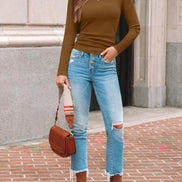 AUTOMET Women's Ribbed Long Sleeve Basic Top - Soft Stretch Crewneck Shirt for Work & Casual Black M