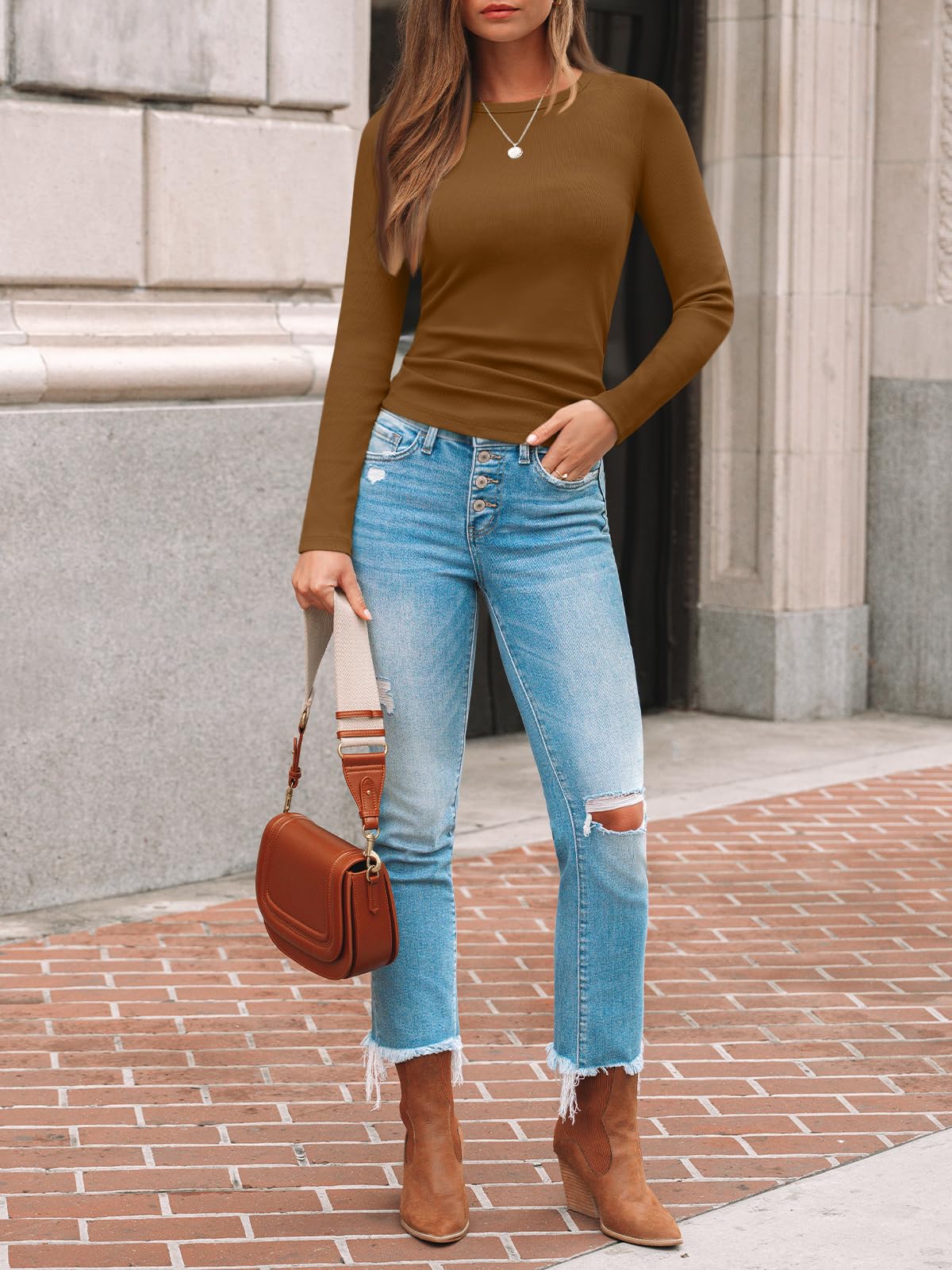 AUTOMET Women's Ribbed Long Sleeve Basic Top - Soft Stretch Crewneck Shirt for Work & Casual Black M