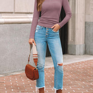 AUTOMET Women's Ribbed Long Sleeve Basic Top - Soft Stretch Crewneck Shirt for Work & Casual Black M