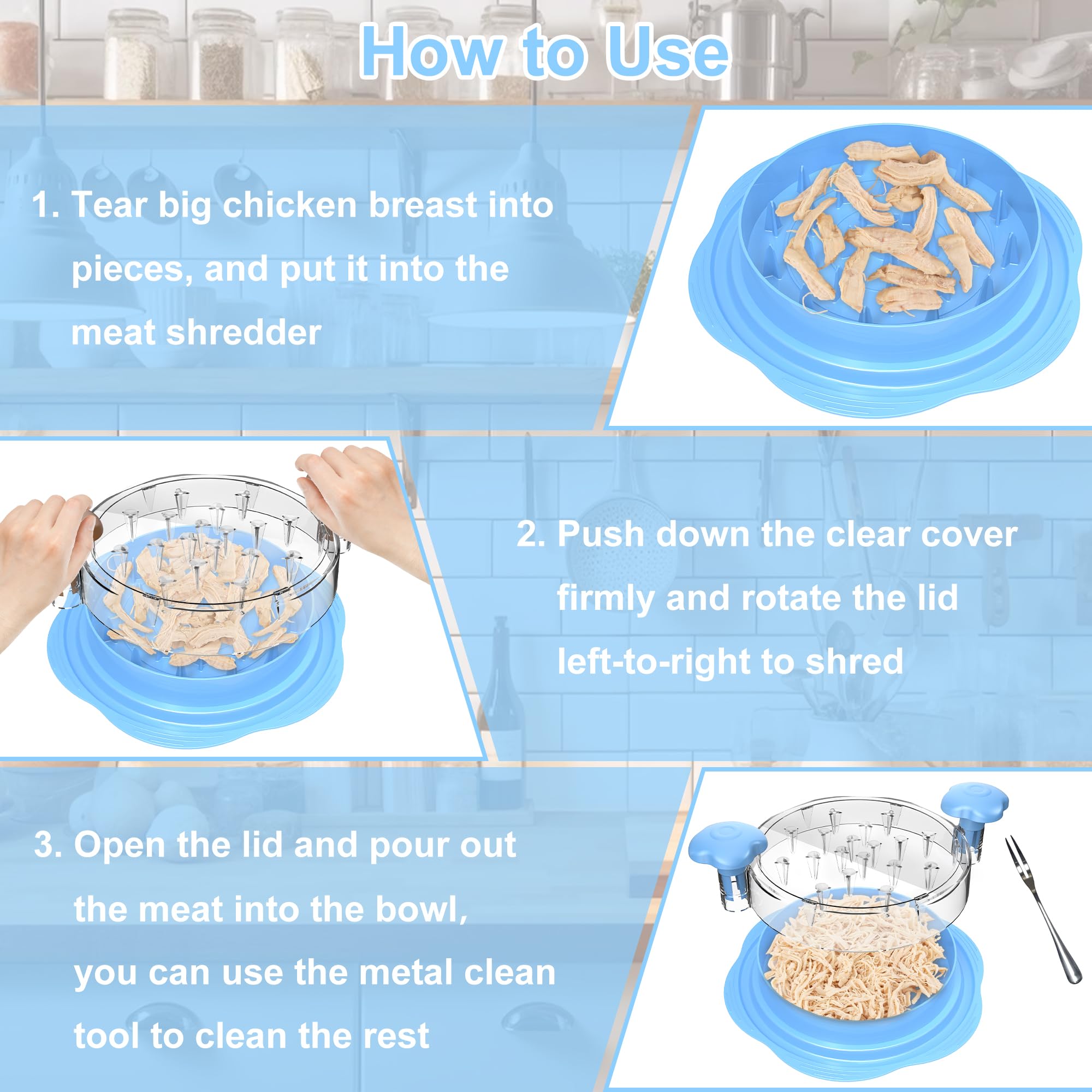 SURETIVIAN Chicken Shredder Large Chicken Breast Shredder Tool Twist with Brush&Fork, Visible Meat Shredder Machine, Strong Anti-Slip Strip, Ergonomic Handle, BPA Free, Suitable for Pork Beef Chicken