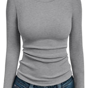 AUTOMET Women's Ribbed Long Sleeve Basic Top - Soft Stretch Crewneck Shirt for Work & Casual Black M