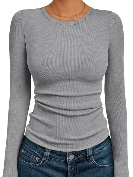 AUTOMET Women's Ribbed Long Sleeve Basic Top - Soft Stretch Crewneck Shirt for Work & Casual Black M