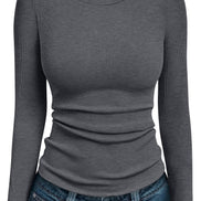 AUTOMET Women's Ribbed Long Sleeve Basic Top - Soft Stretch Crewneck Shirt for Work & Casual Black M