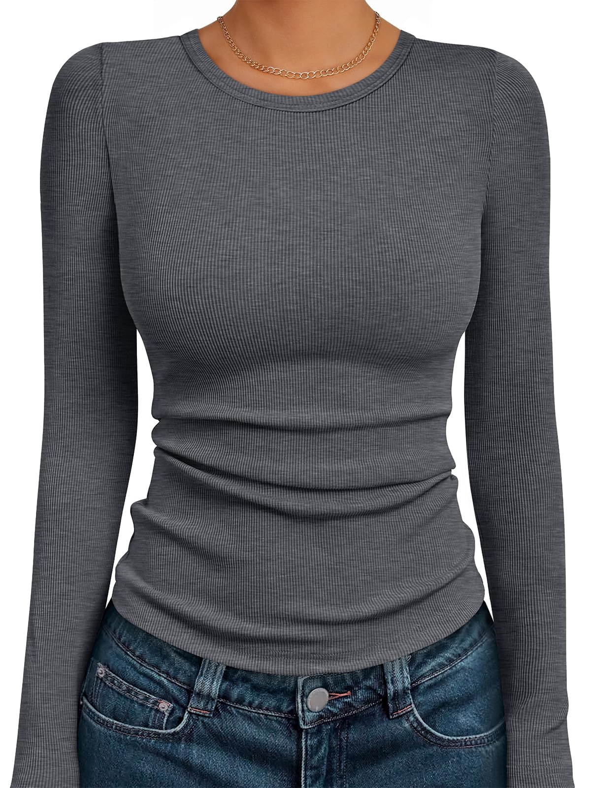 AUTOMET Women's Ribbed Long Sleeve Basic Top - Soft Stretch Crewneck Shirt for Work & Casual Black M
