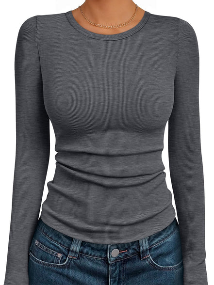 AUTOMET Women's Ribbed Long Sleeve Basic Top - Soft Stretch Crewneck Shirt for Work & Casual Black M